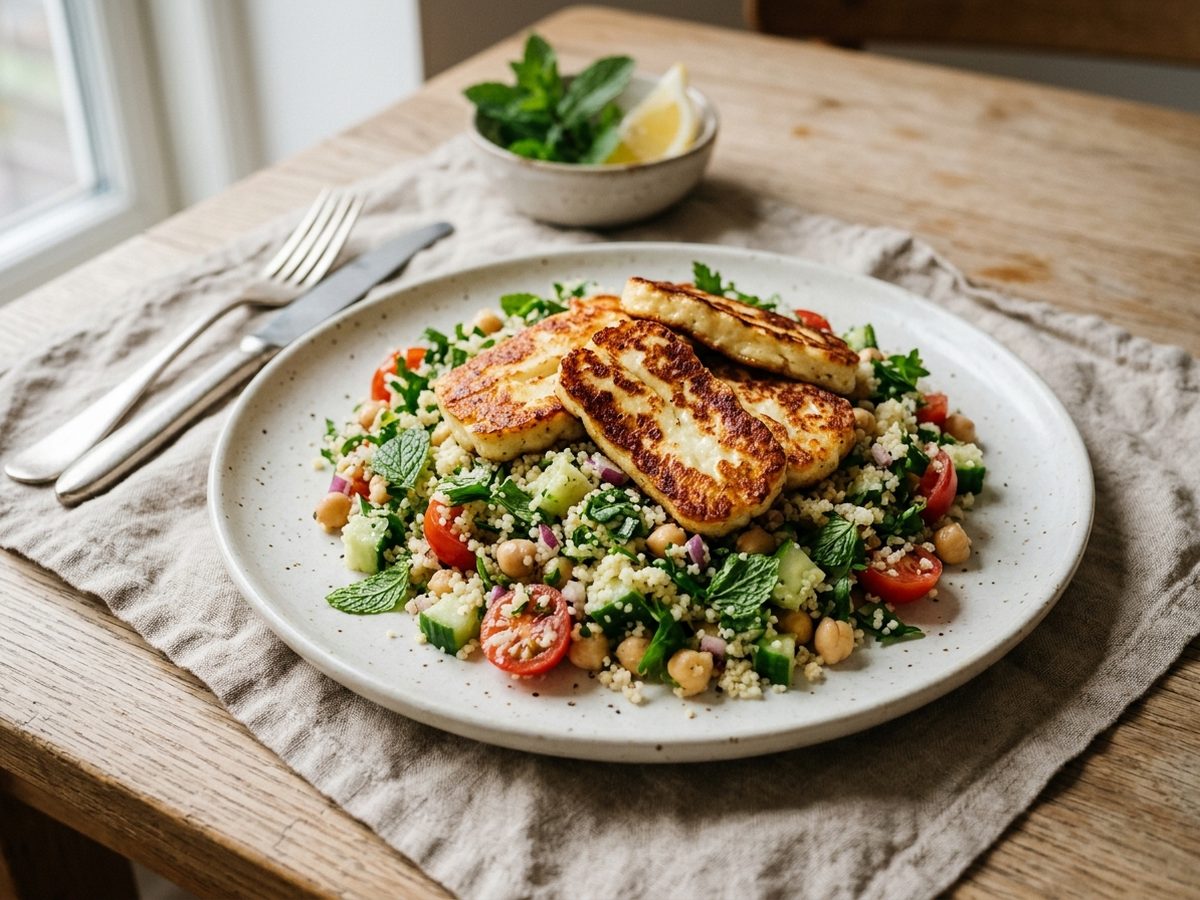 Halloumi fra airfryeren med couscoussalat