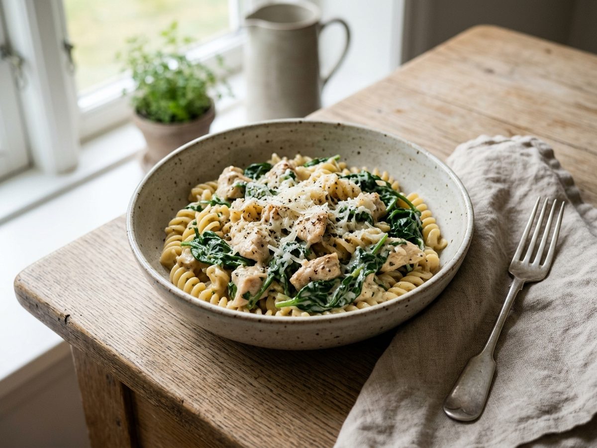 Cremet kyllingepasta med spinat