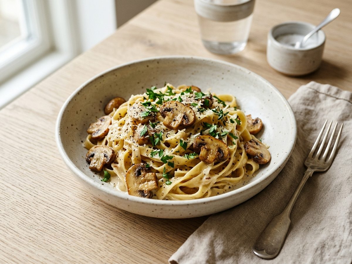 Cremet svampepasta med timian