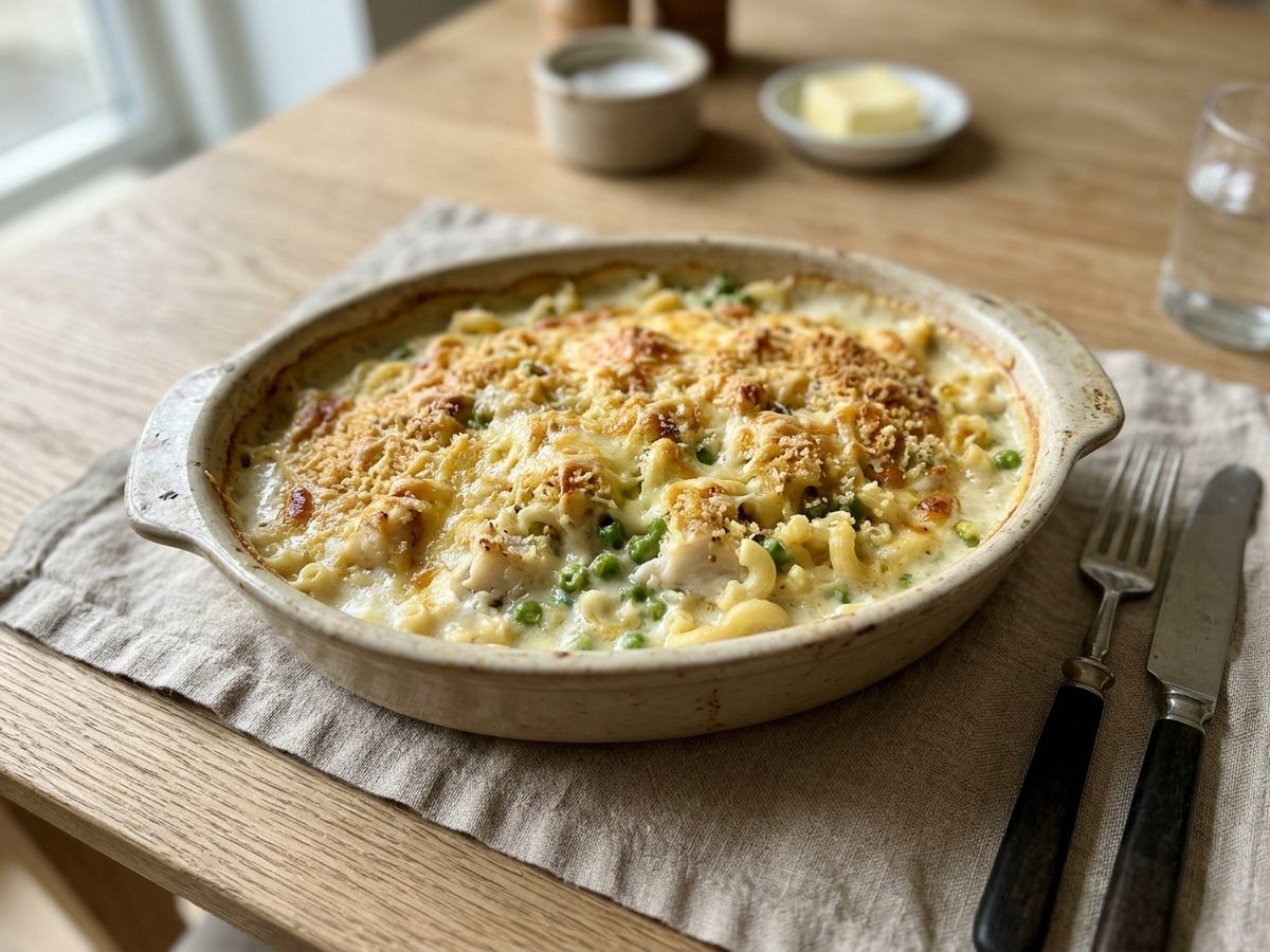 Fiskegratin med makaroni og ærter