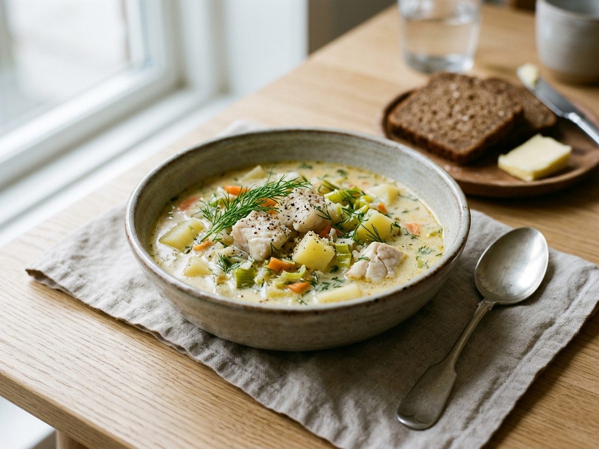 Cremet fiskesuppe med kartofler og porre