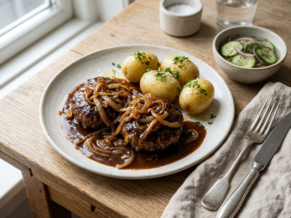 Hakkebøf med bløde løg og brun sovs