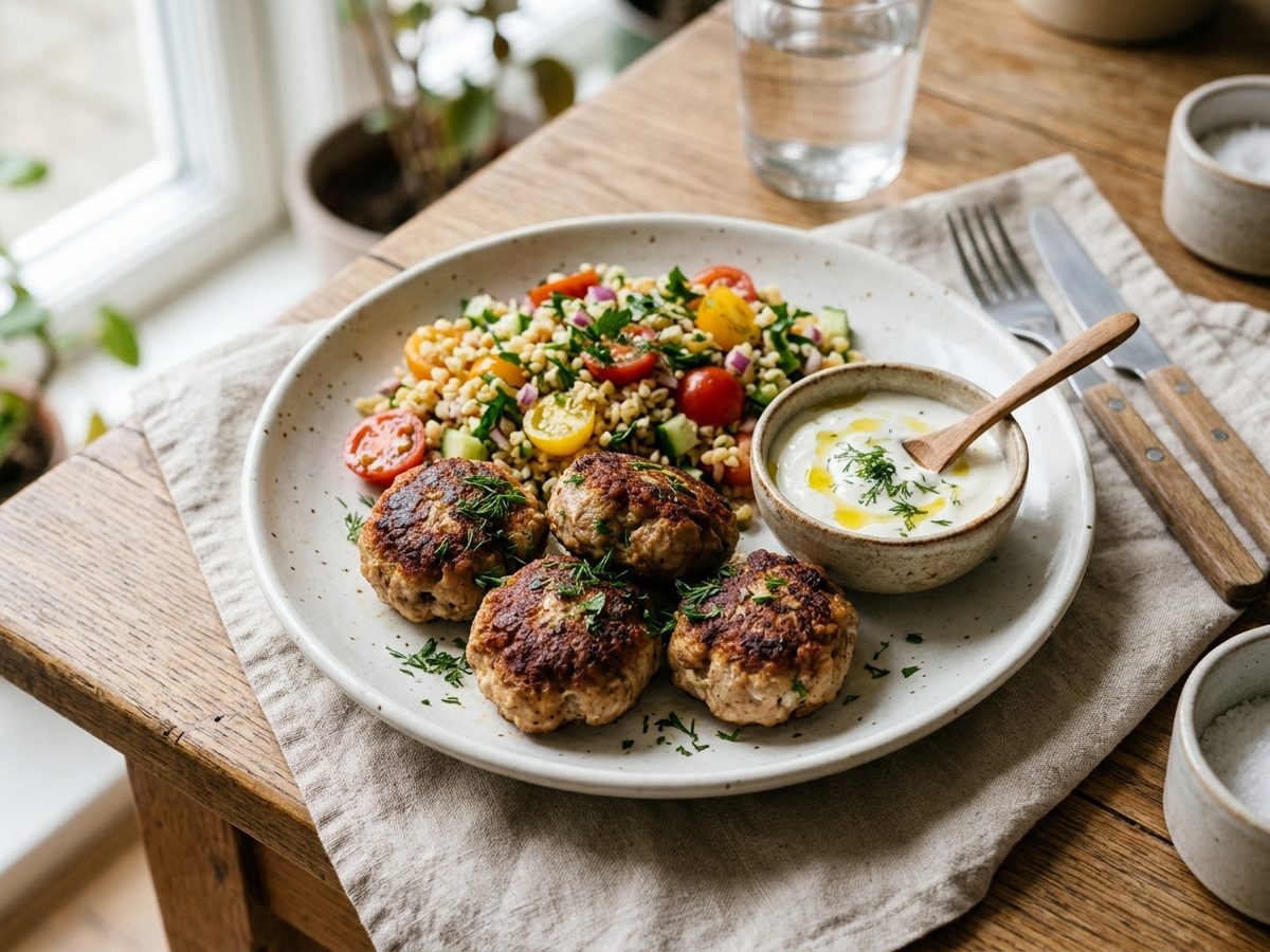 Kalkunfrikadeller med bulgursalat