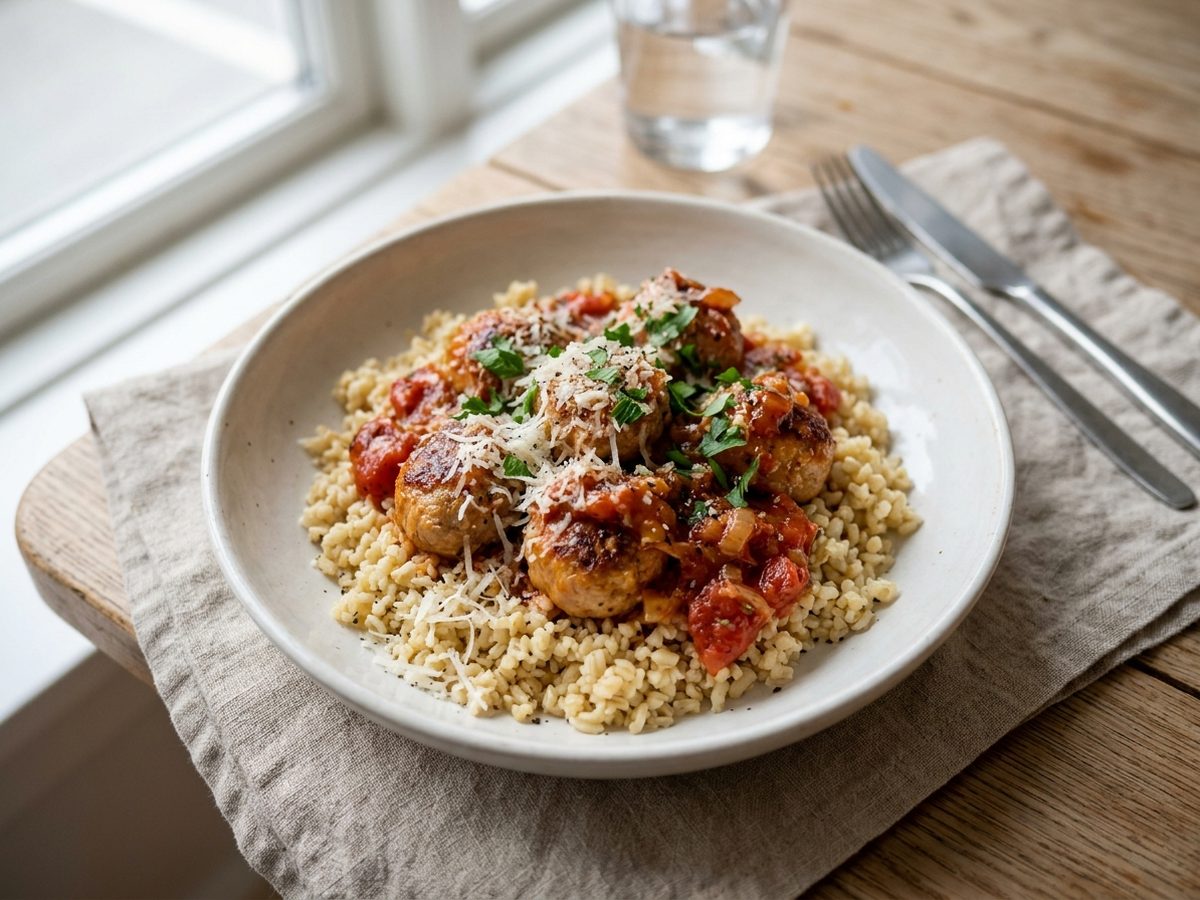 Kødboller i tomatsovs med bulgur
