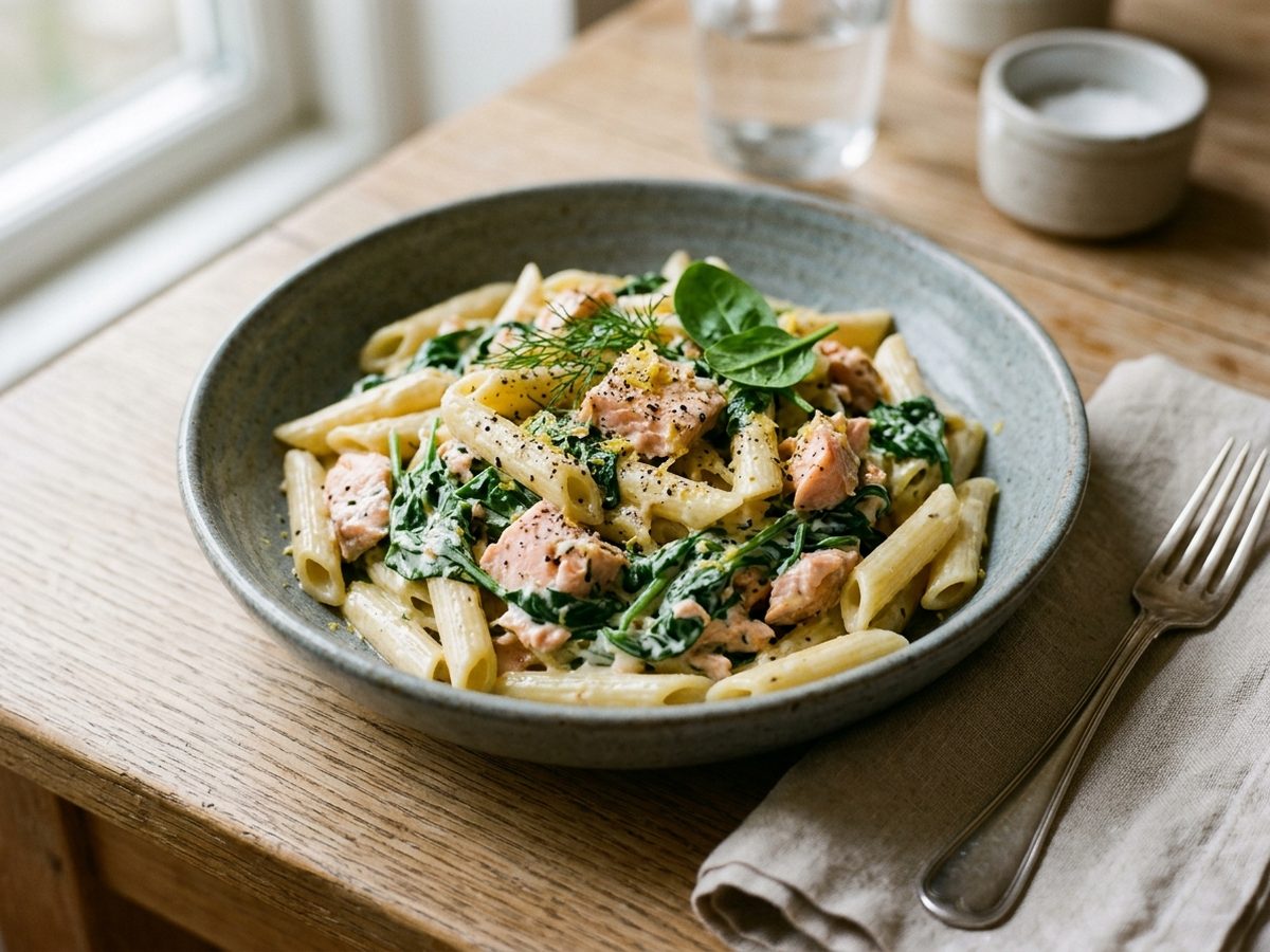Laksepasta med citron og spinat