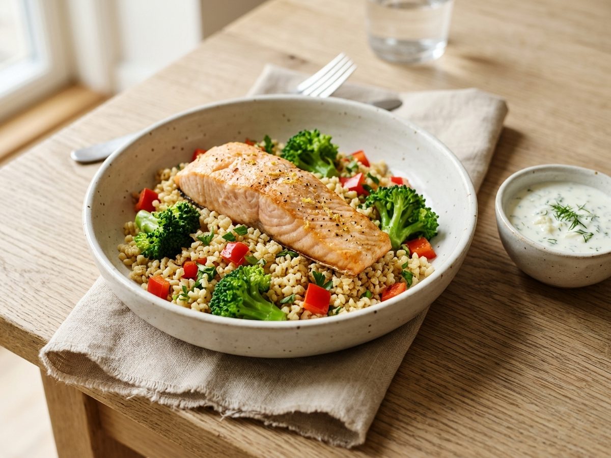 Mealprep laks med bulgur og grønt