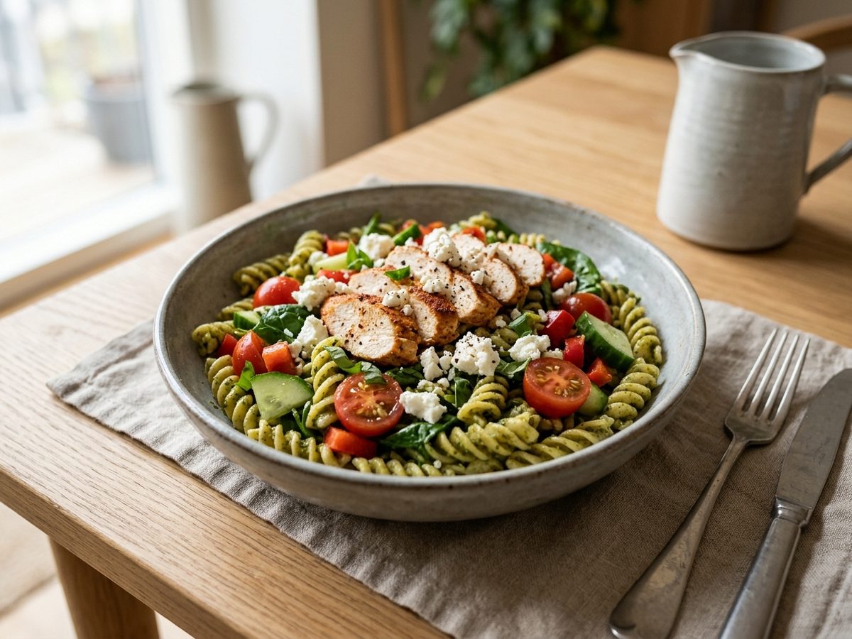 Mealprep pastasalat med kylling og pesto