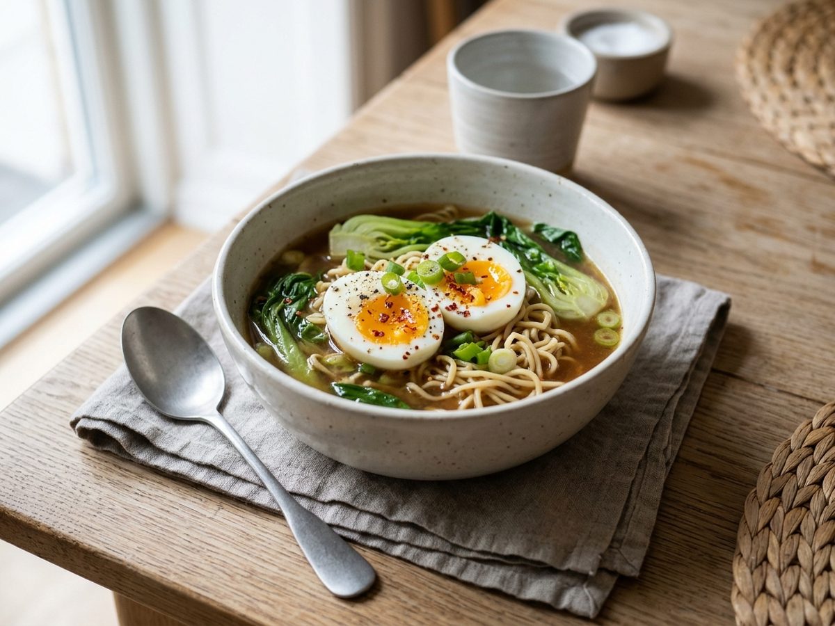 Nudelsuppe med æg og grønt