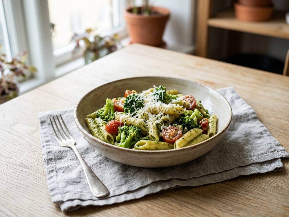 Pasta med pesto og broccoli