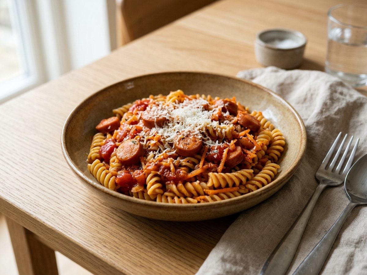 Pasta med pølser i tomatsovs