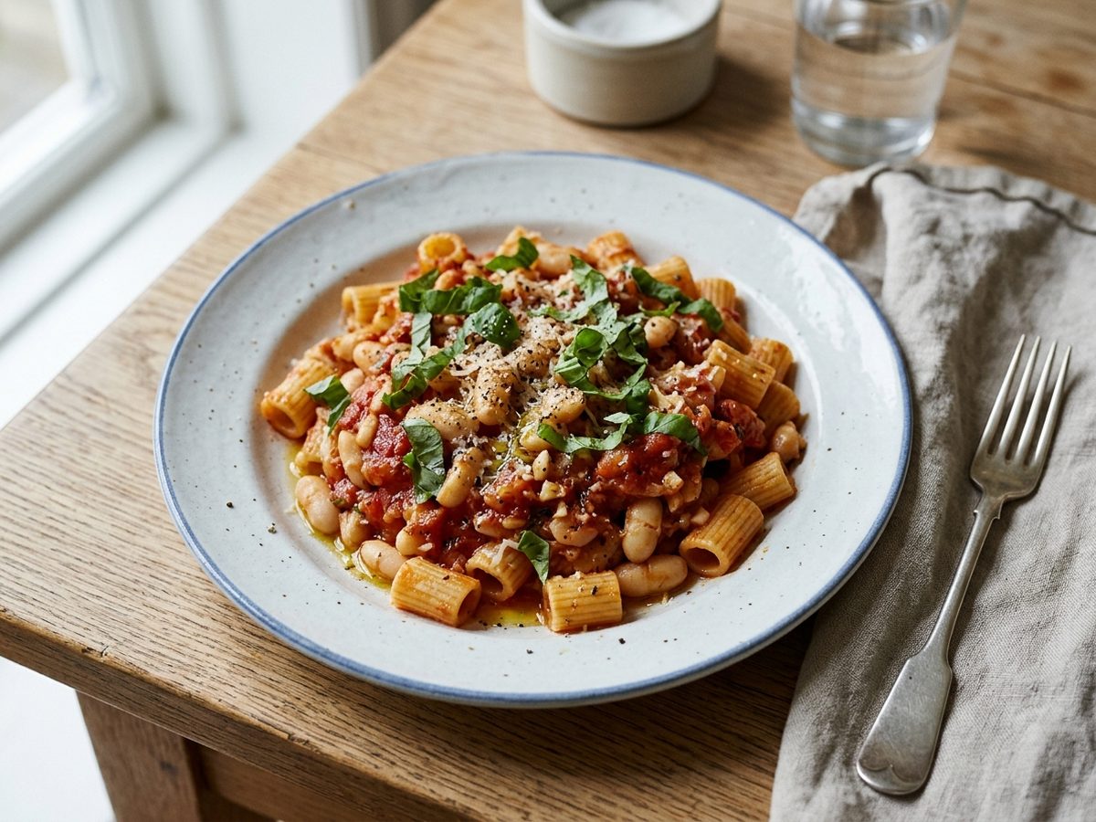 Pasta med tomat og hvide bønner