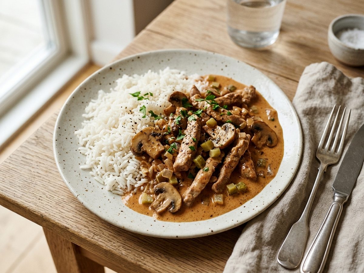 Stroganoff med svinekød og ris
