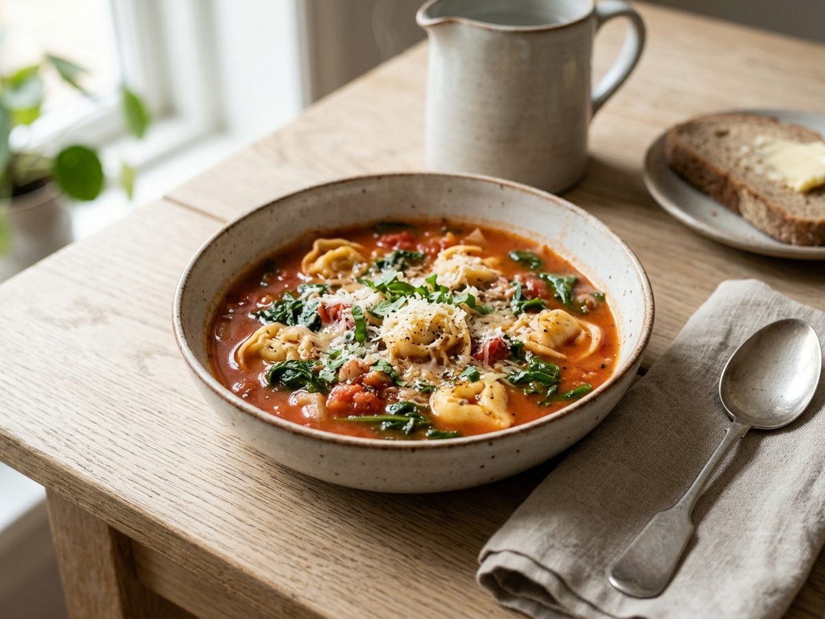 Tortellinisuppe med tomat og spinat