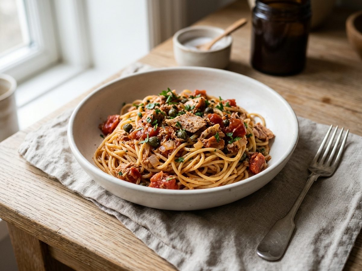 Tunpasta med tomat og kapers